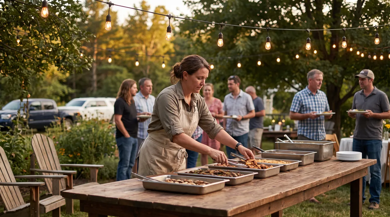 A caterer setting a buffet at an evening garden party