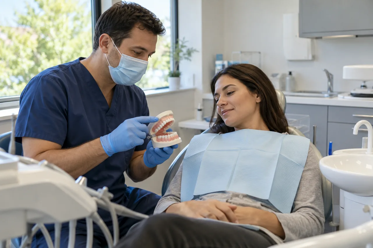 A dentist showing a patient a tooth model